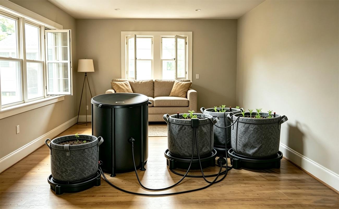 Probleemloos automatisch plantenbewateringssysteem | Druppelirrigatieset van 13 gallon met een pomp van 25 W en watertekortdetectie voor kweektenten en gazons buitenshuis